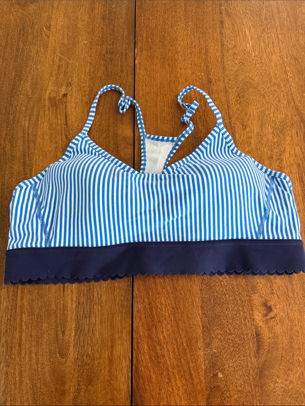 J. Crew x New Balance Blue Striped Sports Bra with Navy Scalloped Band XL
